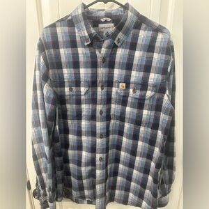 Carhartt Men's Navy and White Plaid Button Down Shirt Relaxed Fit, L